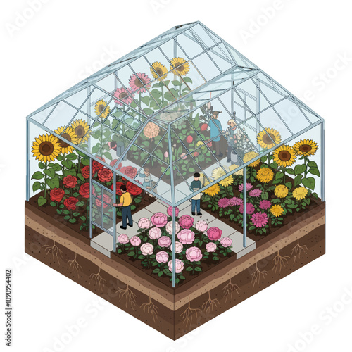 Greenhouse with vibrant flowers and sunflowers inside.