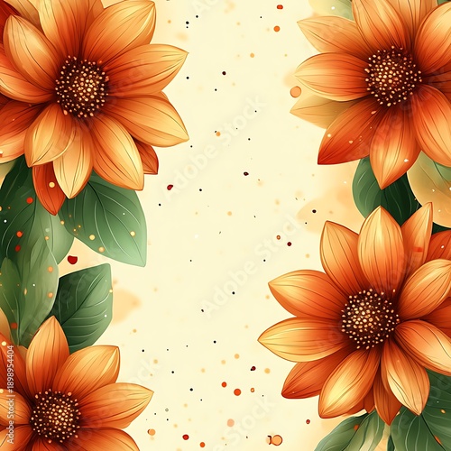 Orange flowers frame, gold glitter, cream background