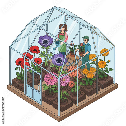 Greenhouse with Gardener and Flowers.