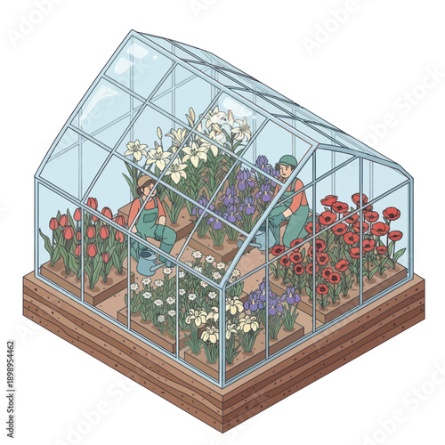 Greenhouse with Flowers and Gardener Illustration.