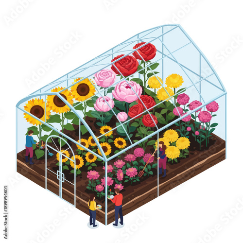 Greenhouse with Vibrant Flowers and People.