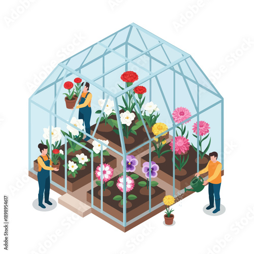 Greenhouse with People and Vibrant Flowers.