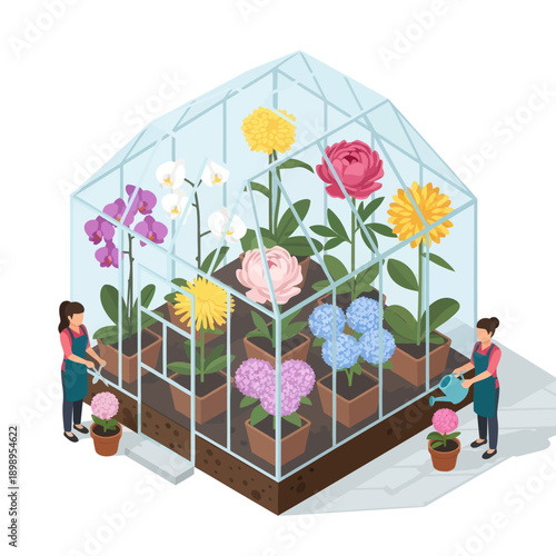 Greenhouse with Flowers and Gardeners at Work.