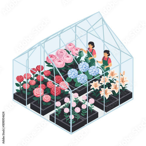 Greenhouse with Flowers and Gardeners Inside.