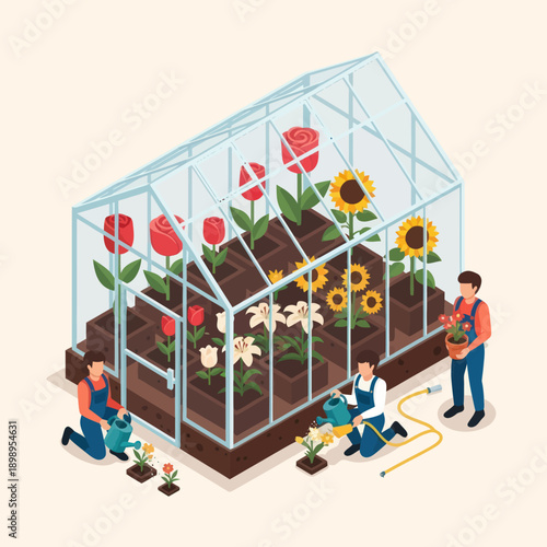Family Tending to Greenhouse with Sunflowers.