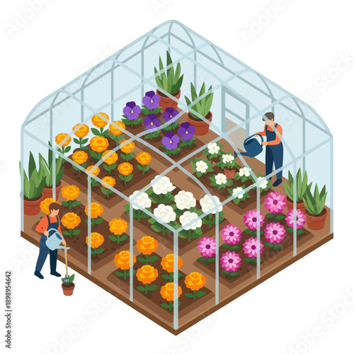 Greenhouse Gardening with Vibrant Flowers and People.