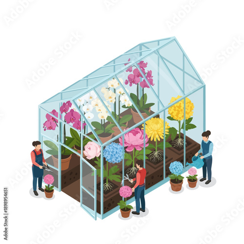 Greenhouse with People and Colorful Flowers.