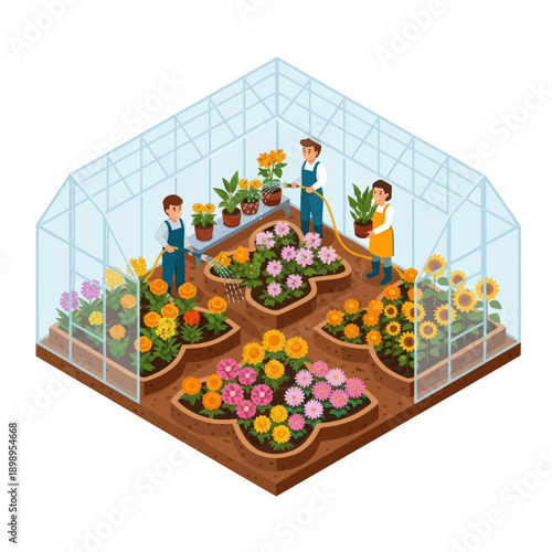 Greenhouse Gardeners Tending to Vibrant Flowers.