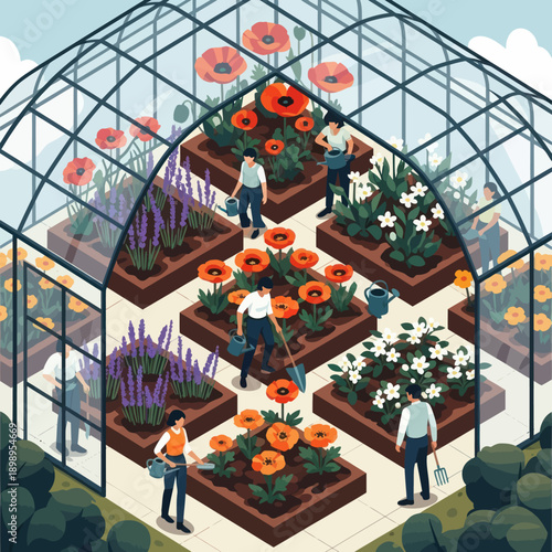 Greenhouse with People Tending to Flowers.