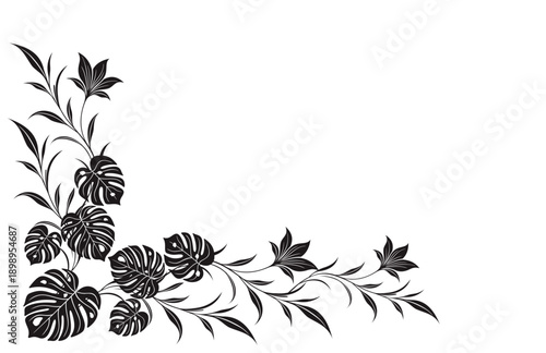 Hand-drawn tropical leaf wedding silhouette frame. Aralia, monstera, palm leaves, silhouette invitation card frame. Vector illustration isolated on white background.