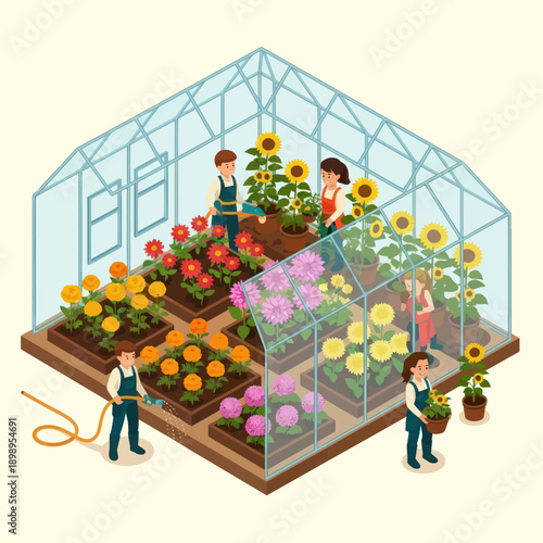 Greenhouse Gardeners Tending to Vibrant Flowers.