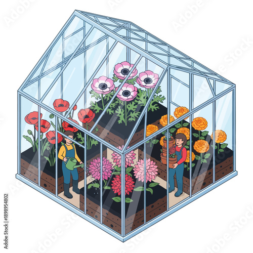 Greenhouse with People and Vibrant Flowers.