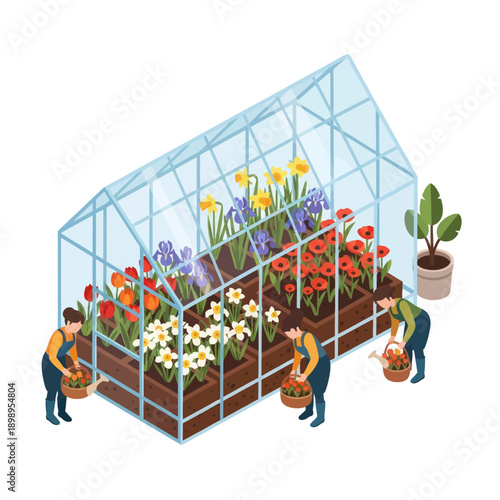Greenhouse Gardening with Vibrant Flowers and People.
