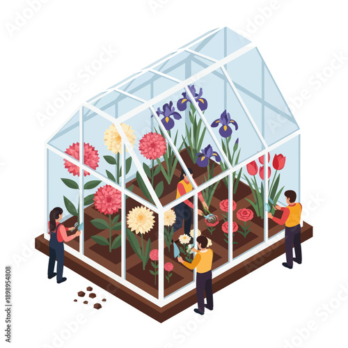 Greenhouse with Flowers and People Inside.