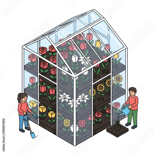 Greenhouse with Flowers and Gardeners.