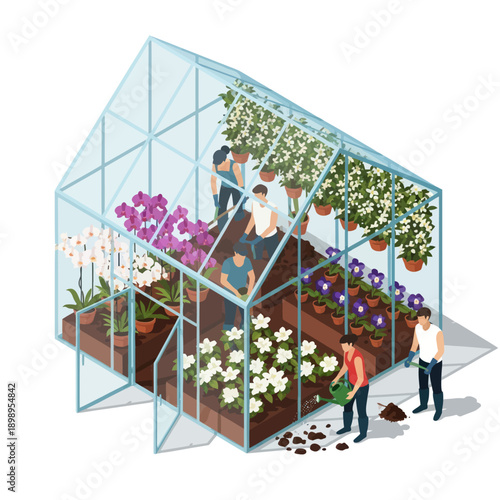 Greenhouse with People and Various Plants.