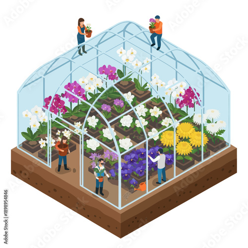 Greenhouse with People Tending to Flowers.