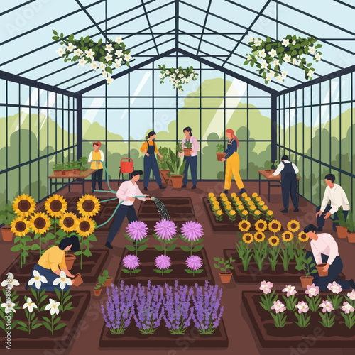Greenhouse Workers Tending to Various Flowers.