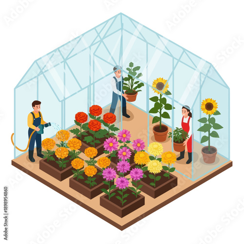 Greenhouse with People and Various Flowers.