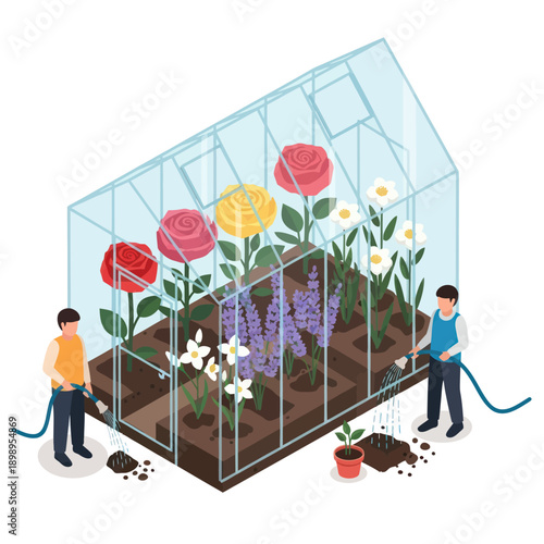 Greenhouse Gardening with Vibrant Flowers and Greenery.