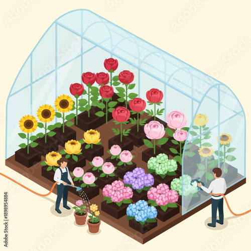Greenhouse with Flowers and Gardeners at Work.
