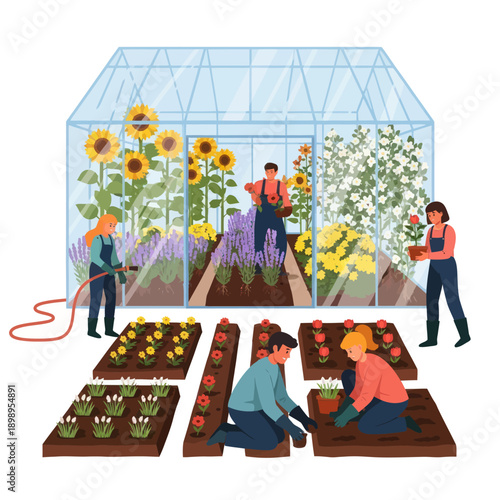 People Working in Greenhouse with Flowers.