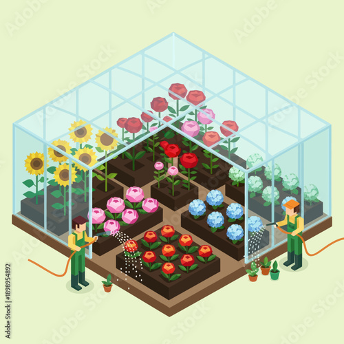 Greenhouse with Flowers and Gardeners Working.