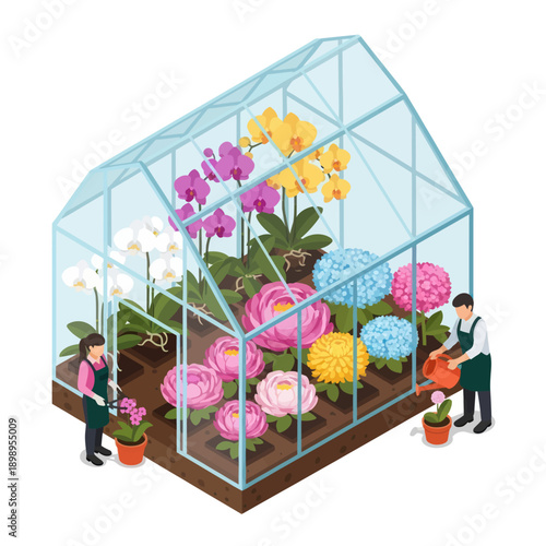 Greenhouse with People and Colorful Flowers.