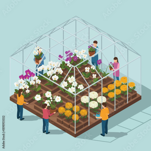 People Working Together in Greenhouse Garden.