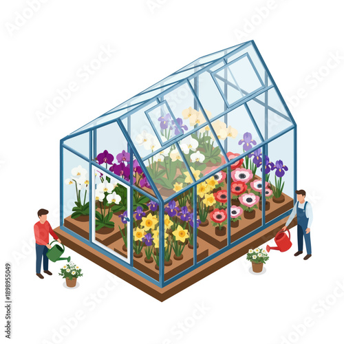 Greenhouse with People and Various Flowers.