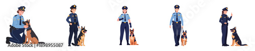 Female Police Officer With K9 Service Dog Patrol Flat Vector Character Collection
