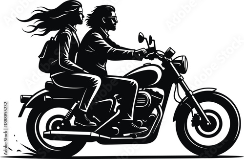 A couple with long flowing hair riding a classic motorcycle in a bold black and white graphic style.
