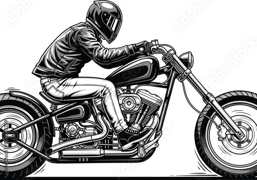 Black and white illustration of a biker in a leather jacket and helmet riding a classic custom chopper motorcycle.