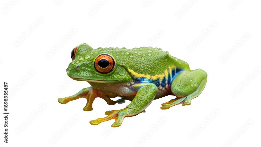 Obraz premium Green frog with distinctive yellow and blue stripes isolated on transparent background