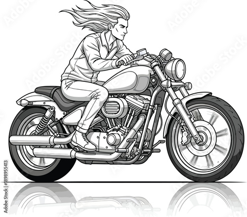 Black and white line art illustration of a rider with long windblown hair cruising on a classic detailed Vtwin motorcycle.