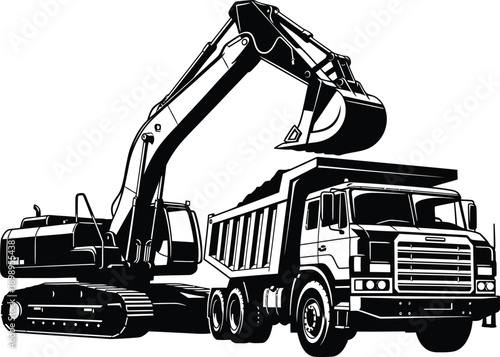 Black and white vector art of a heavy excavator loading a large industrial dump truck.