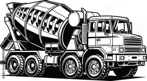 Bold black and white line art illustration of a heavyduty concrete mixer truck.