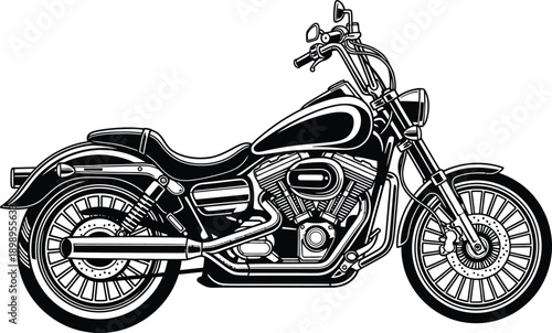 Classic American cruiser motorcycle in a detailed black and white line art illustration.