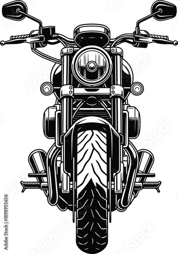 Classic cruiser motorcycle illustration in a bold highcontrast black and white style front view.