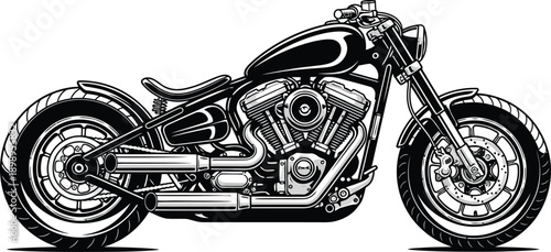 Classic custom chopper motorcycle with a Vtwin engine detailed black and white graphic illustration.
