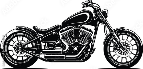 Classic custom chopper motorcycle with a Vtwin engine in a detailed black and white illustration.