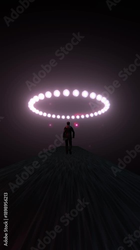 Person walking towards virtual reality glowing portal
