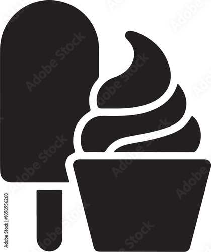 A simple black icon of an ice cream and a popsicle on a white background.
