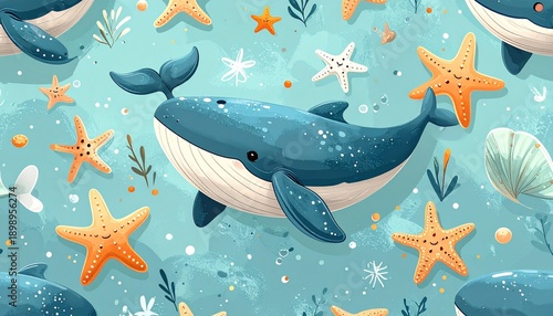 Whale and starfish swim together in vibrant ocean scene
