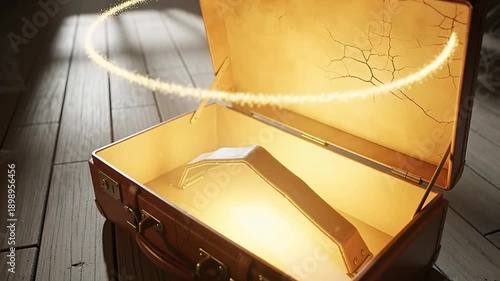 Unveiling the Journey: An open suitcase with a mysterious glowing arc, hinting at travel and adventure.
