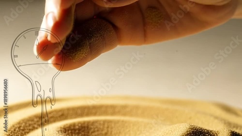 Melting Time: A hand meticulously pours sand, creating an artistic representation of a melting light bulb, capturing the poignant concept of fleeting time and fading ideas.