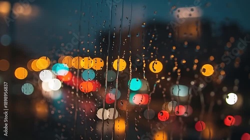 Rainy City Lights: A captivating shot of city lights blurred by raindrops on glass, evoking a sense of atmospheric and tranquil ambiance.