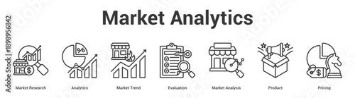 Market Analytics web banner icon set vector illustration concept for business with icon of Market Research, Analytics, Market Trend, Evaluation, Market Analys.