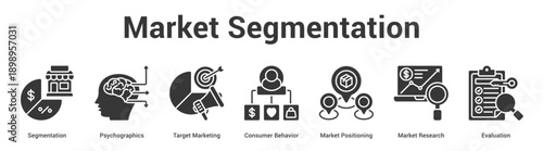 Market Segmentation web banner icon set vector illustration concept for business with icon of Segmentation, Psychographics, Target Marketing, Consumer Behavior, Market Positioning, Mar.