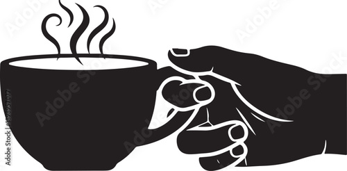 Hand Holding Coffee Cup Icon – Hot Drink and Beverage Symbol in Black Silhouette

